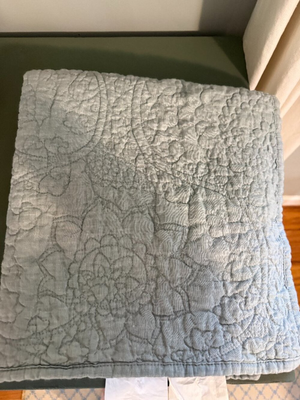 Pottery Barn Belgian Flax Linen FLORAL STITCH 1 Sham-EURO 26x26"-Mineral Blue